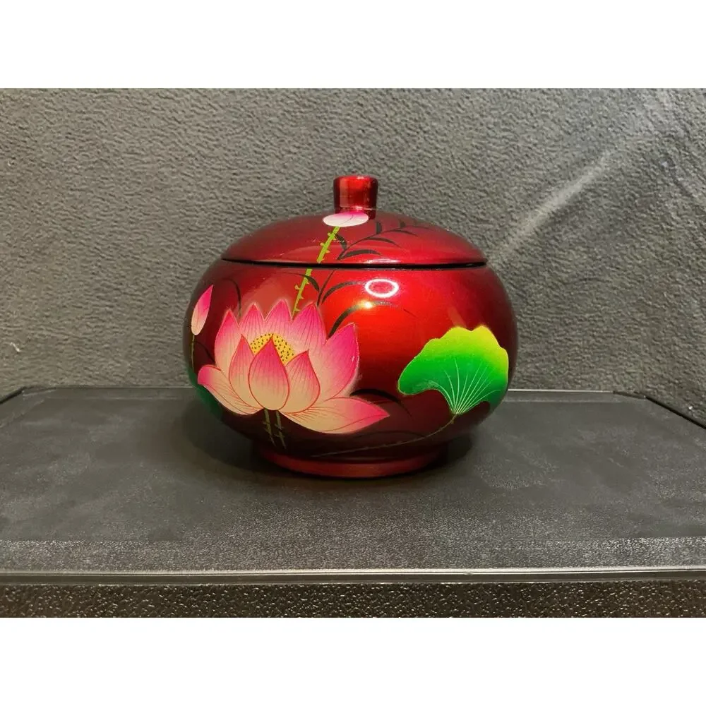 Vietnamese Lacquerware Lidded Bowl With Beautiful Lotus Flower